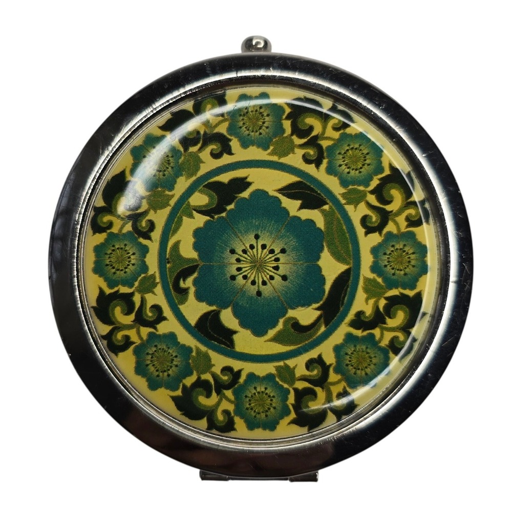 LucyLu Teal Green Floral Mandala Round Compact Mirror Silver Tone